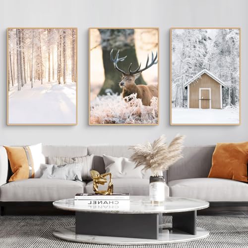 Viusneun 3er Premium Poster Set, Winter Elch Wandbilder Aesthetic Schnee Szene Wandposter Ohne Rahmen Poster für Wohnzimmer Schlafzimmer (50 x 70 cm) von Viusneun