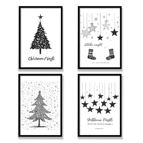Viusneun 4er Designed Poster Set, Bilder als Weihnachtsdekoration Moderne Schwarz Weiß Wandbilder Weihnachten Thema Ohne Rahmen Kunstposter für Wohnzimmer Schlafzimmer Deko (50 x 70 cm) von Viusneun