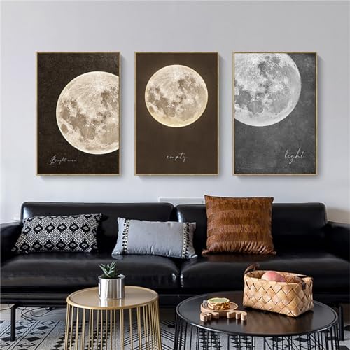 Viusneun Premium Poster Set - 3er Schwarz-Weiß Mondphasen Kunstdruck, Modernes Leinwand Wandbild, Wanddeko für stilvolle Schlafzimmer und Wohnzimmer, OHNE Rahmen Poster Vintage (40x50cm) von Viusneun