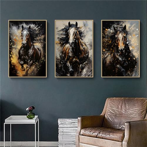 Viusneun Premium Wandbilder Set, Schwarz Pferd Bilder Leinwand Kunstposter Moderne Wandbilder für Wohnzimmer Deko, Ohne Rahmen Poster 3 Set (40x50cm) von Viusneun