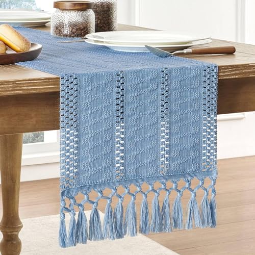 Viusneun Tischläufer, Gehäkelte Tischband Boho Tischläufer mit Quasten Landhaus Table Runner für Partys Hochzeit Geburtstage Weihnachten Tischdeko (Blau,30 x 200 cm) von Viusneun