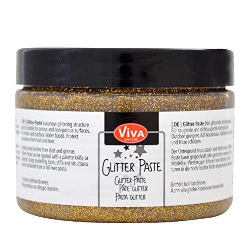 Viva Decor Glitter-Paste (Gold, 150ml) Glitzerfarben zum Basteln/Bemalen/Schablonieren - glitzernde Effektpaste - Farbe für Glas, Porzellan, Holz, Ton uvm. - Made in Germany von Viva Decor