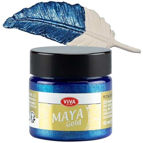 Viva Decor Maya Gold 45ml (Blau) - Metallic-Acrylfarbe für kreative Werke auf Holz, Glas und Porzellan. Stoßfest, wischfest und wetterfest für glänzende Metall- / Metallic Effekte von Viva Decor