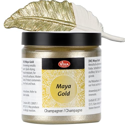 Viva Decor Maya Gold 250ml (Champagner) - Metallic-Acrylfarbe für kreative Werke auf Holz, Glas und Porzellan. Stoßfest, wischfest und wetterfest für glänzende Metall- / Metallic Effekte von Viva Decor