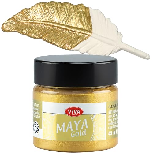 Viva Decor Maya Gold 45ml (GelbGold) - Metallic-Acrylfarbe für kreative Werke auf Holz, Glas und Porzellan. Stoßfest, wischfest und wetterfest für glänzende Metall- / Metallic Effekte von Viva Decor