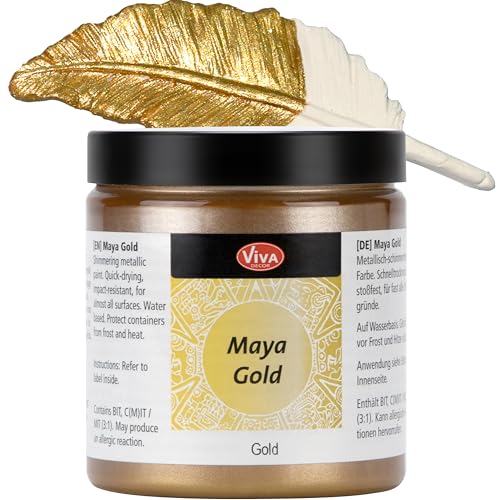 Viva Decor Maya Gold 250ml (Gold) - Metallic-Acrylfarbe für kreative Werke auf Holz, Glas und Porzellan. Stoßfest, wischfest und wetterfest für glänzende Metall- / Metallic Effekte von Viva Decor