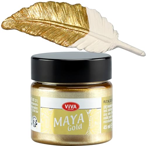 Viva Decor Maya Gold 45ml (Gold) - Metallic-Acrylfarbe für kreative Werke auf Holz, Glas und Porzellan. Stoßfest, wischfest und wetterfest für glänzende Metall- / Metallic Effekte von Viva Decor