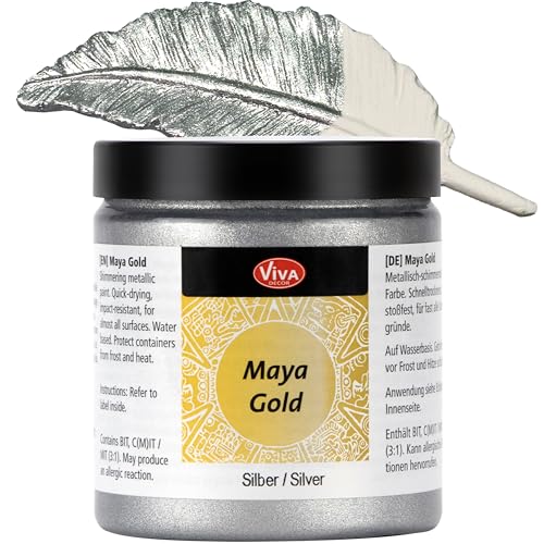 Viva Decor Maya Gold 250ml (Silber) - Metallic-Acrylfarbe für kreative Werke auf Holz, Glas und Porzellan. Stoßfest, wischfest und wetterfest für glänzende Metall- / Metallic Effekte von Viva Decor