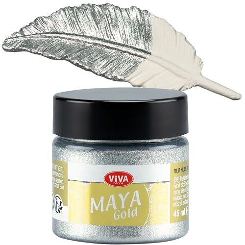 Viva Decor Maya Gold 45ml (Silber) - Metallic-Acrylfarbe für kreative Werke auf Holz, Glas und Porzellan. Stoßfest, wischfest und wetterfest für glänzende Metall- / Metallic Effekte von Viva Decor