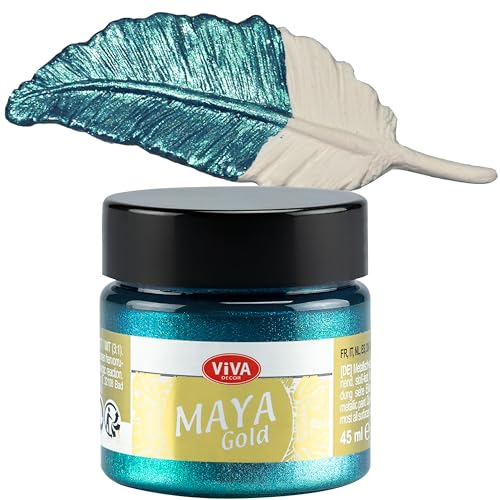 Viva Decor Maya Gold 45ml (Türkis) - Metallic-Acrylfarbe für kreative Werke auf Holz, Glas und Porzellan. Stoßfest, wischfest und wetterfest für glänzende Metall- / Metallic Effekte von Viva Decor