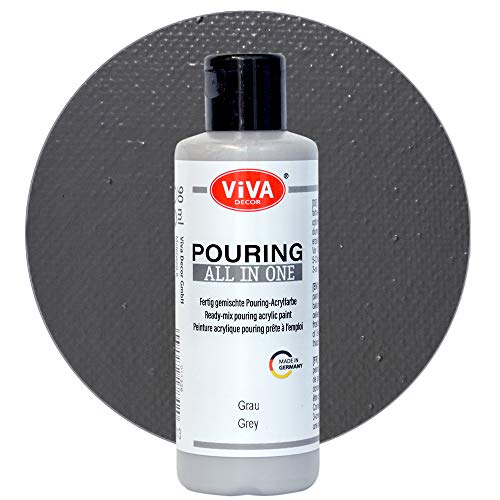 Viva Decor Pouring All in One (Grau, 90 ml) fertig gemixte, gebrauchsfertige, flüssige Pouring Acrylfarben, kein Mischen erforderlich, für Leinwand, Glas, Holz und Steine - Made in Germany von Viva Decor