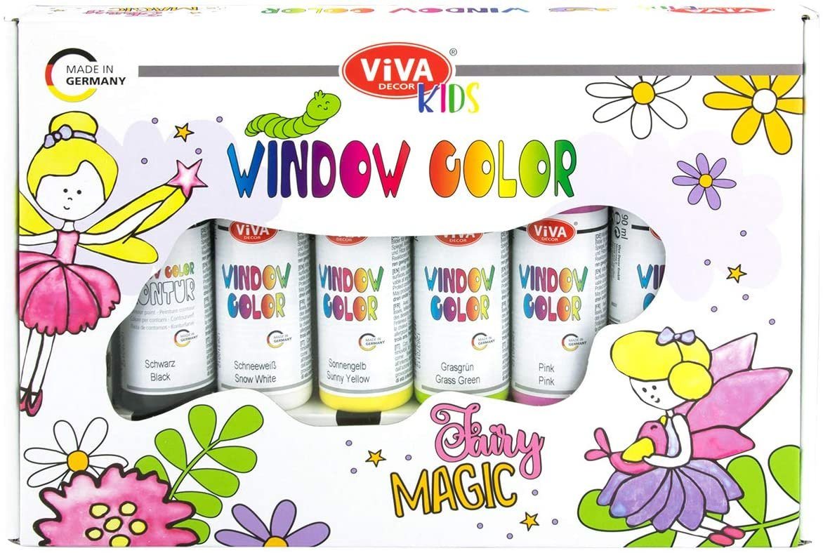 Kreativset Kids Window Color Set - Fairy Magic (Geschenkset mit 6 Fensterfarben à 90 ml und 12 Motivvorlagen) von Viva Decor