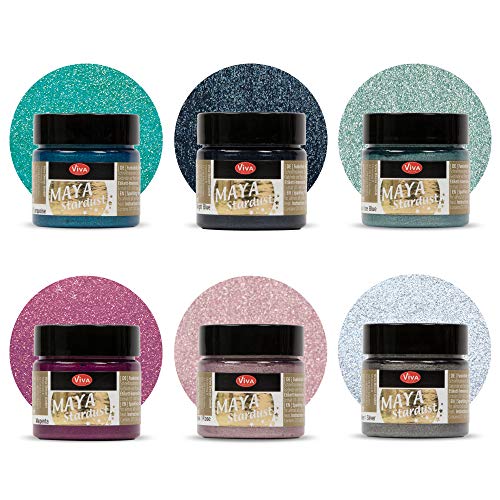 Viva Decor Maya Gold Stardust 6er Set Muscari (6 x 45 ml) fein glitzernde Metallic-Acrylfarben zum Basteln - Glitzerfarbe für Porzellan, Beton, Steine, Papier, Glas uvm. von Viva Decor