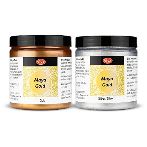 Viva Decor Maya Gold 2 x 250 ml (Gold & Silber) Glänzende Metallic Farben zum Basteln - Acrylfarben Metallic für Holz, Pappe, Beton, Papier, Leinwand - Made in Germany von Viva Decor