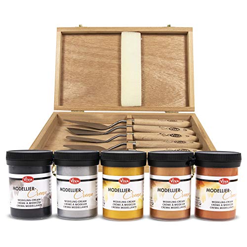 Viva Decor Modellier-Creme Set mit 5 x 100 ml & 5 Modellierspachtel - für perfekte Akzente auf jedem Untergrund. Cremig, metallisch glänzender Metallic Strukturpaste und Acrylfarbe zum Modellieren von Viva Decor