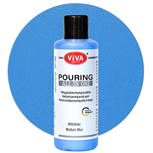 Viva Decor Pouring All in One (Mittelblau, 90 ml) fertig gemixte, gebrauchsfertige, flüssige Pouring Acrylfarben, kein Mischen erforderlich, für Leinwand, Glas, Holz und Steine - Made in Germany von Viva Decor