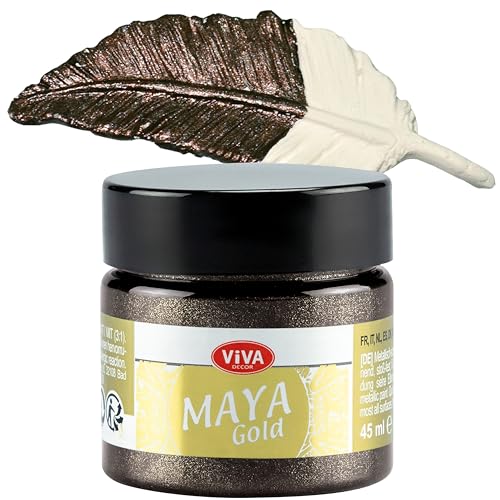 Viva Decor Maya Gold 45ml (Kakao) - Metallic-Acrylfarbe für kreative Werke auf Holz, Glas und Porzellan. Stoßfest, wischfest und wetterfest für glänzende Metall- / Metallic Effekte von Viva Decor