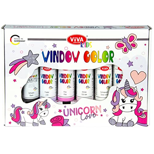 Viva Decor Window Color Set Unicorn Love (6 Farben à 90 ml) Geschenkset Window Color Set Kinder mit 6 Fensterfarben in Geschenkverpackung mit 15 Motiven - Made in Germany von Viva Decor