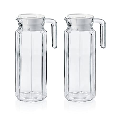 2 Glaskannen Glaskrüge Kühlschrankkannen Kühlschrankkrüge je 1 Liter aus Glas mit weißem Kunststoffdeckel von mikken
