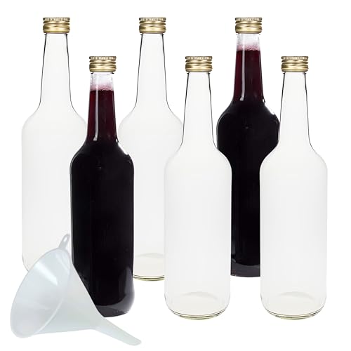 Viva Haushaltswaren - 6 x Glasflasche 750 ml mit goldfarbenem Schraubverschluss, Flasche zum Befüllen als Weinflasche, Likörflasche, Schnapsflasche etc. verwendbar (inkl. Trichter Ø 9 cm) von Viva Haushaltswaren