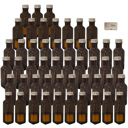 6 kleine Ölflaschen 100ml grün-braune Glasflaschen zum befüllen, inkl. 6 Etiketten von mikken