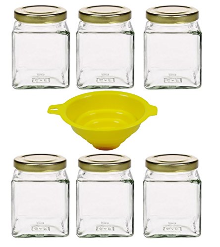 Viva-Haushaltswaren Gabriele Hesse e.K. 6 x Einmachglas 210 ml Marmeladenglas, Gewürzglas, Glasdose, mit Schraubverschluss (Farbe Gold), inkl. Trichter von mikken