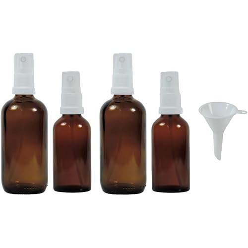 mikken 4er Set Sprühflaschen 2x50ml und 2x100ml Zerstäuberflaschen in Braunglas inkl. Trichter von mikken