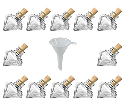 Viva Haushaltswaren - 12 x Mini Glasflasche mit Korkverschluss 15 ml, Gläser Set in Diamant-Form als Schnapsgläser, Likörflaschen, Ölflaschen etc. verwendbar (inkl. Trichter Ø 5 cm) von Viva Haushaltswaren