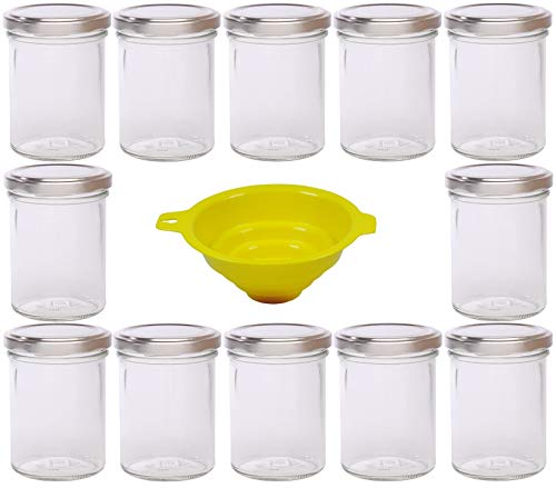 Viva Haushaltswaren - 12 x Marmeladenglas 219 ml mit silberfarbenem Verschluss, runde Sturzgläser als Einmachgläser, Gewürzgläser, Glasdosen etc. verwendbar (inkl. Trichter) von Viva Haushaltswaren