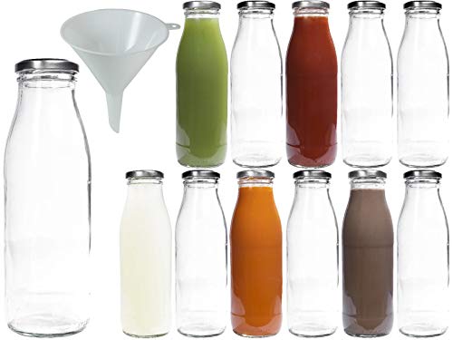 Viva Haushaltswaren #32992# 12 x Weithals-Glasflasche 500 ml mit silberfarbenem Schraubverschluss, als Milchflasche, Saftflasche & Smoothieflasche verwendbar (inkl. Trichter Ø 12 cm) von mikken
