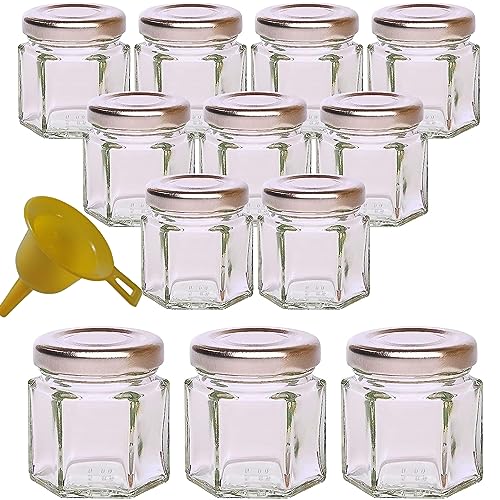 Viva Haushaltswaren - 12 x Mini Einmachglas 47 ml mit silberfarbenem Deckel, sechseckige Glasdosen als Marmeladengläser, Gewürzdosen, Gastgeschenk etc. verwendbar (inkl. Trichter Ø 12,3 cm) von Viva Haushaltswaren