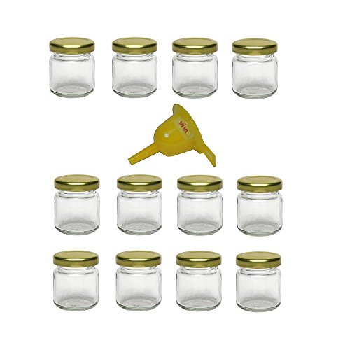 Viva Haushaltswaren - 12 x Mini Einmachglas 53 ml mit goldfarbenem Deckel, runde Glasdosen als Marmeladengläser, Gewürzdosen, Gastgeschenk etc. verwendbar (inkl. Trichter Ø 12,3 cm) von Viva Haushaltswaren
