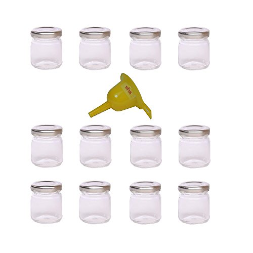 Viva Haushaltswaren - 12 x Mini Einmachglas 53 ml mit silberfarbenem Deckel, runde Glasdosen als Marmeladengläser, Gewürzdosen, Gastgeschenk etc. verwendbar (inkl. Trichter Ø 12,3 cm) von Viva Haushaltswaren