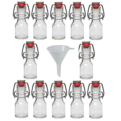 Viva Haushaltswaren - 12 x Mini Glasflasche 50 ml mit Bügelverschluss aus Porzellan zum Befüllen, als kleine Likörflasche & Ölflasche verwendbar (inkl. Trichter Ø 7 cm) von Viva Haushaltswaren