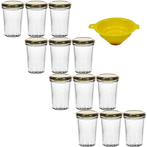 Viva Haushaltswaren - 12 x kleines Becherglas / Marmeladenglas 150 ml mit goldfarbenem Deckel, Vorratsdosen Set als Einmachgläser, Gewürzgläser, für Kuchen im Glas etc. verwendbar (inkl. Trichter) von Viva Haushaltswaren