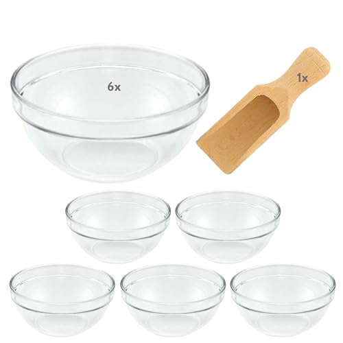 Viva Haushaltswaren #12710# 6 x Mini-Schüssel aus Glas (Ø 6cm), als Glasschälchen sowie als Dipschale, Dessertschale, Tapasschale geeignet (inkl. kleiner Holzschaufel 7,5cm) von Viva Haushaltswaren