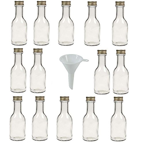 Viva Haushaltswaren - 14 x leere Glasflasche 100 ml mit goldfarbenem Schraubverschluss, als kleine Schnapsflaschen & Likörflaschen verwendbar (inkl. Trichter Ø 5 cm) von mikken