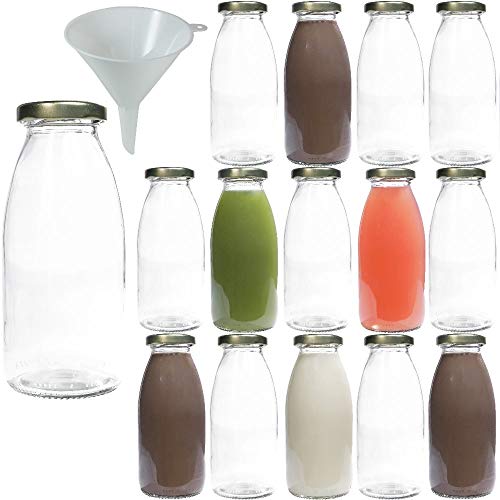 Viva Haushaltswaren - 15 x Glasflasche 250 ml mit goldfarbenem Schraubverschluss, als Milchflasche, Saftflasche & Smoothieflasche verwendbar (inkl. Trichter Ø 12 cm) von Viva Haushaltswaren