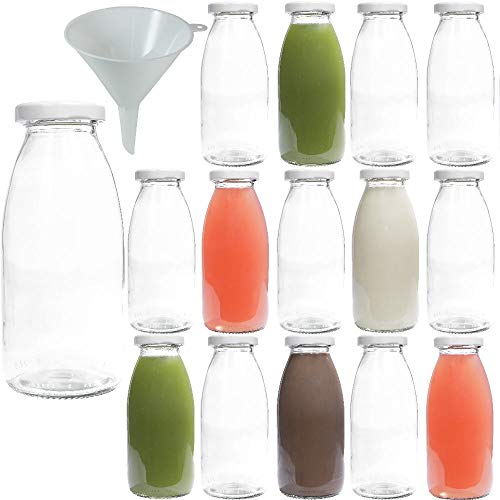 Viva Haushaltswaren - 15 x Glasflasche 250 ml mit weißem Schraubverschluss, als Milchflasche, Saftflasche & Smoothieflasche verwendbar (inkl. Trichter Ø 12 cm) von mikken