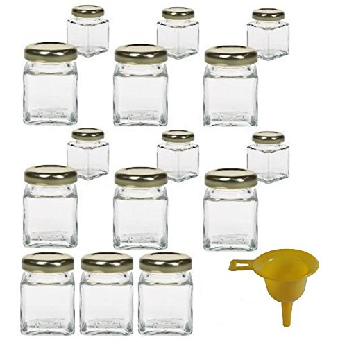 15 Mini-Marmeladengläser für 50 ml. / für Konfitüren, Öle, Salz, Gewürze, etc. - inkl. einem gelben Einfülltrichter von mikken