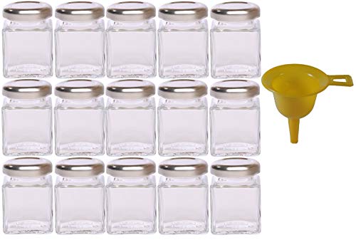 15 Mini-Marmeladengläser für 50 ml. mit silbernem Deckel/für Konfitüren, Öle, Salz, Gewürze, etc. - inkl. einem gelben Einfülltrichter von mikken