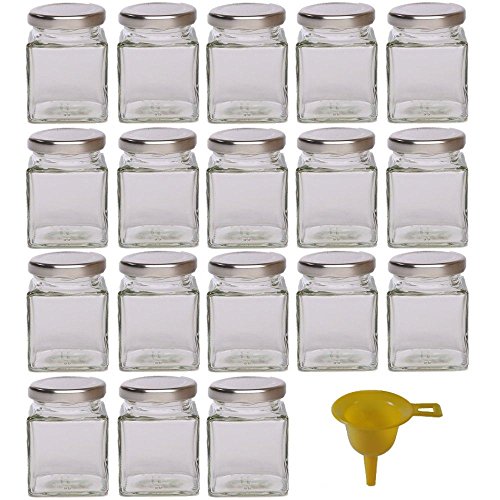 18 kleine Marmeladengläser für 106ml mit silbernem Deckel/für Konfitüre, Gewürze, Salze, Öle - inkl. einem gelben Einfülltrichter von mikken