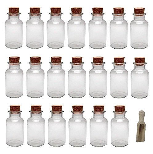 20 Glasdosen / Glasflaschen 300 ml mit Korkverschluss für Gewürze, Salz, Tee, etc. inkl. einer Gewürzschaufel aus Holz 7,5 cm von mikken