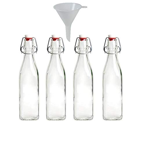 Viva-Haushaltswaren - 4 kleine Glasflaschen mit Bügelverschluss 250 ml (eckige Form) zum Selbstbefüllen inkl. einem Einfülltrichter Ø 7 cm von mikken