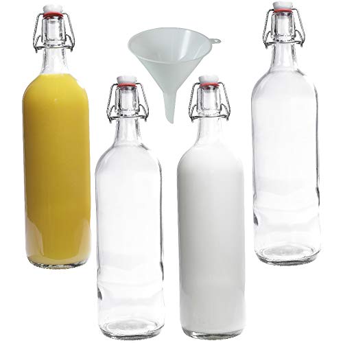mikken Viva-Haushaltswaren - 4 Glasflaschen mit Bügelverschluss 1L zum Selbstbefüllen inkl. Einfülltrichter Ø 12 cm von mikken