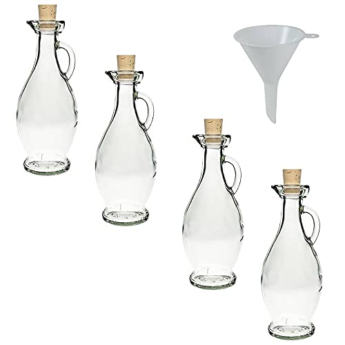 Viva Haushaltswaren - 4 x Glasflasche 250 ml mit Korkverschluss & Henkel, formschönes Gläser Set als Ölflasche, Schnapsflasche & Likörflasche etc. verwendbar (inkl. Trichter Ø 7 cm) von mikken