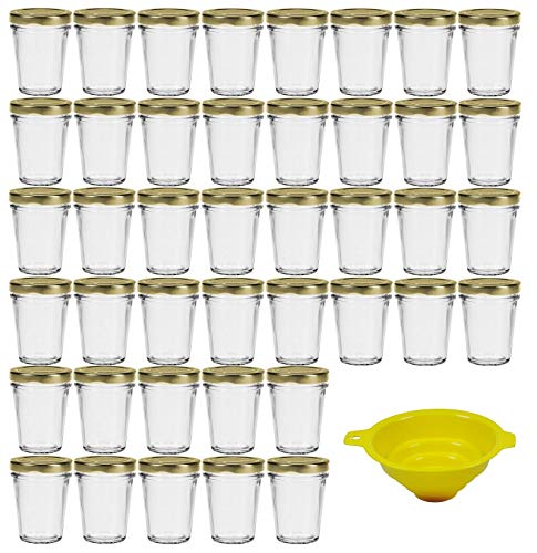 Viva Haushaltswaren - 42 x kleines Becherglas / Marmeladenglas 80 ml mit goldfarbenem Deckel, Vorratsdosen Set als Einmachgläser, Gewürzgläser, für Kuchen im Glas etc. verwendbar (inkl. Trichter) von mikken