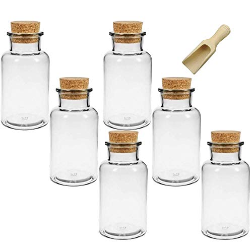 6 Glasdosen/Glasflaschen 300 ml mit Korkverschluss für Gewürze, Tee, etc. inkl. einer Gewürzschaufel aus Holz 7,5 cm von mikken