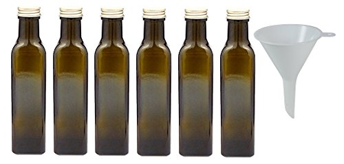 Viva Haushaltswaren - 6 x braune Glasflasche / Ölflasche 250 ml mit goldfarbenem Verschluss, leere Flaschen als Vorratsbehälter & Essigflasche verwendbar (inkl. Trichter Ø 7 cm) von Viva Haushaltswaren
