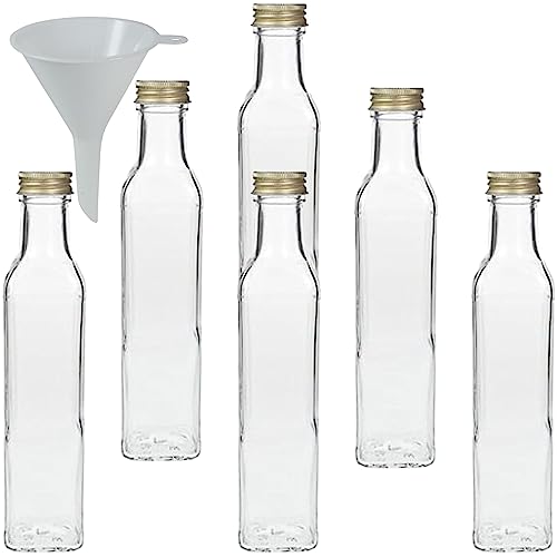 Viva-Haushaltswaren Gabriele Hesse e.K. . 6 x Glasflasche 250 ml mit Schraubverschluss, leere Flaschen zum Befüllen als Ölflasche, Schnapsflasche, Likörflasche + 1 Trichte von mikken